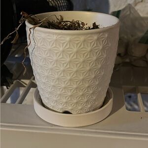 White Textured Planter with Saucer